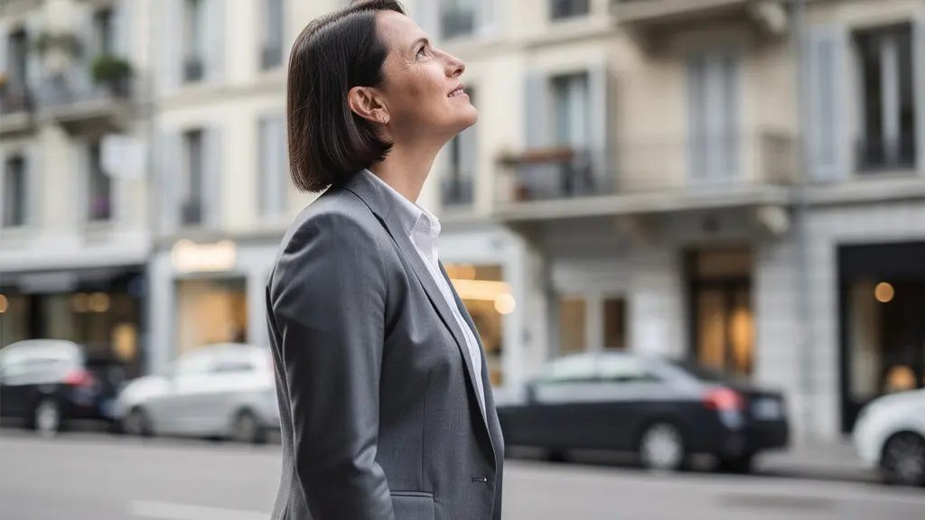 Agent immobilier professionnel observant la façade d'un immeuble genevois