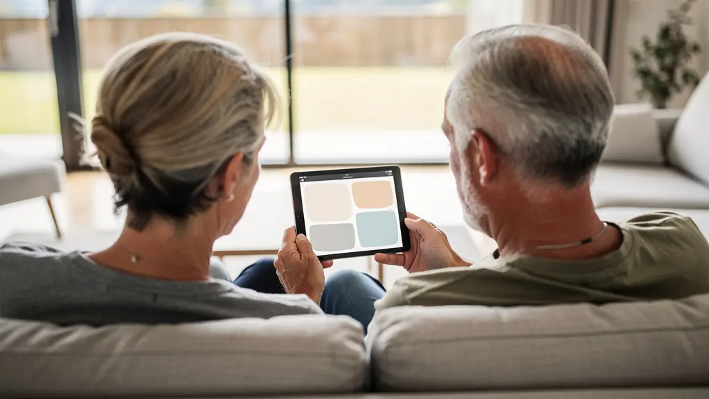 Couple européen consultant une tablette dans un salon moderne pour comparer les agences immobilières