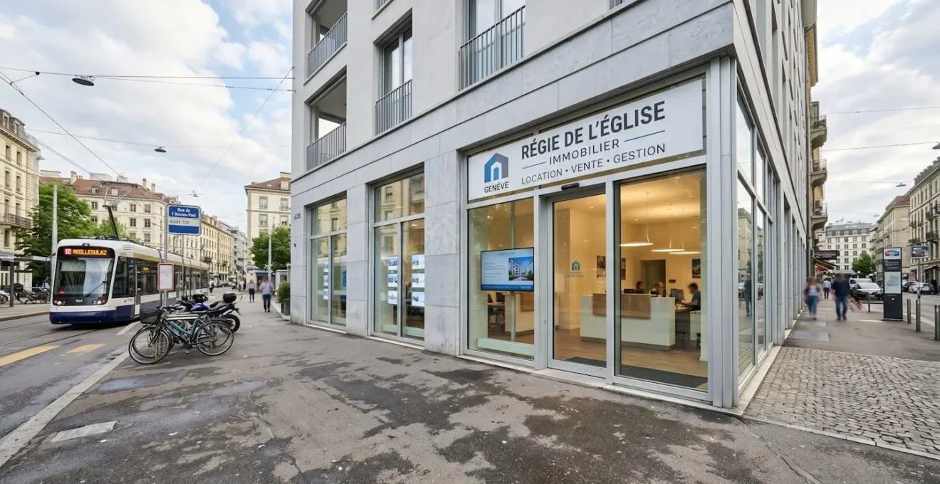 Vue extérieure d'une agence immobilière contemporaine à Genève avec grande devanture vitrée et architecture européenne propre en pleine lumière naturelle