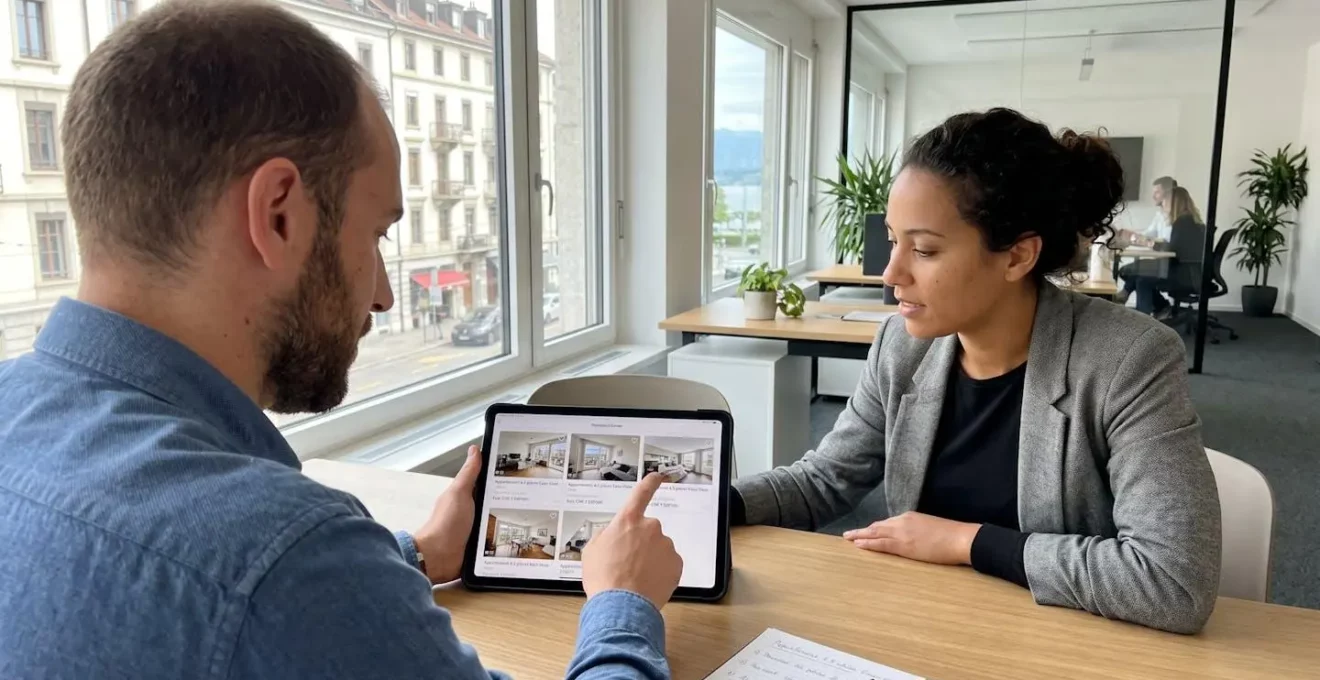 Deux professionnels consultent ensemble des documents immobiliers dans un bureau genevois moderne, vue par-dessus l'épaule montrant une tablette avec des annonces