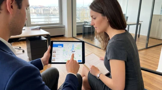 Deux professionnels consultent ensemble des documents immobiliers dans un bureau genevois moderne, vue par-dessus l'épaule montrant une tablette avec des annonces