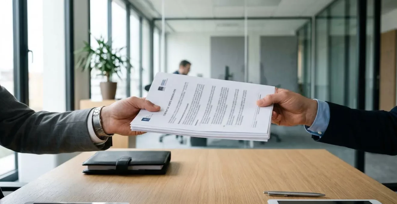 Mains échangeant des documents sur une table de bureau moderne vue de trois-quarts arrière