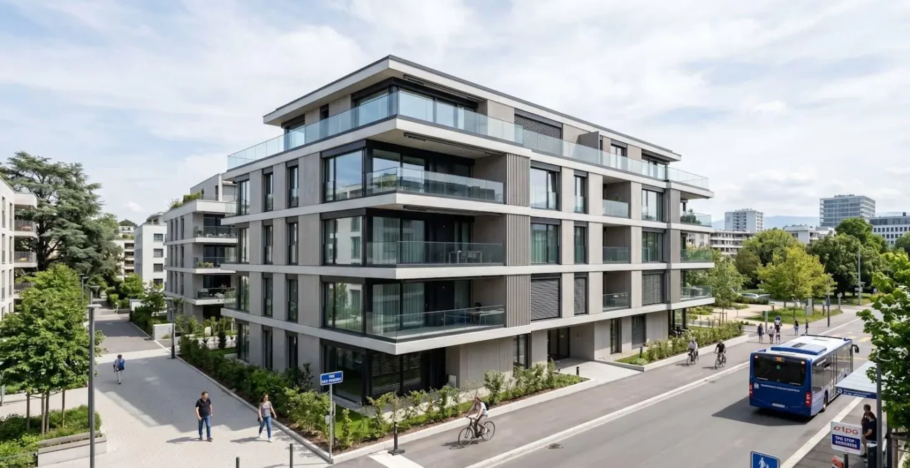 Façade contemporaine d'un immeuble résidentiel genevois avec balcons et larges fenêtres sous un ciel lumineux