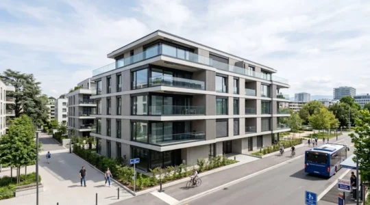Façade contemporaine d'un immeuble résidentiel genevois avec balcons et larges fenêtres sous un ciel lumineux