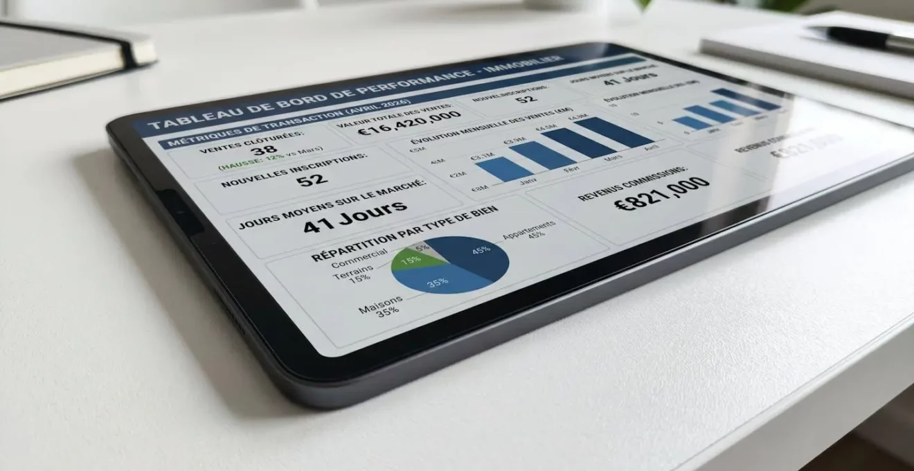 Gros plan sur une tablette numérique affichant un tableau de bord avec des graphiques de performance d'agences immobilières et des métriques de transactions