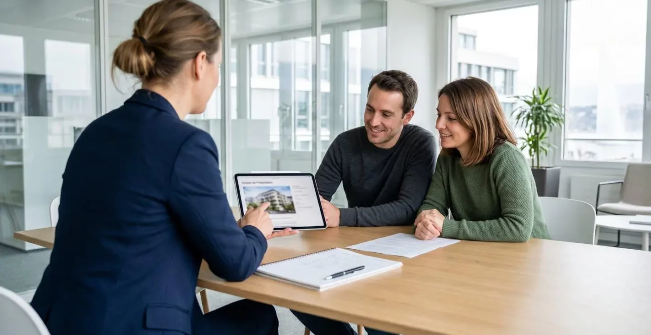 Vue par-dessus l'épaule d'un agent immobilier montrant une présentation sur tablette à un couple de clients dans un bureau moderne à Genève