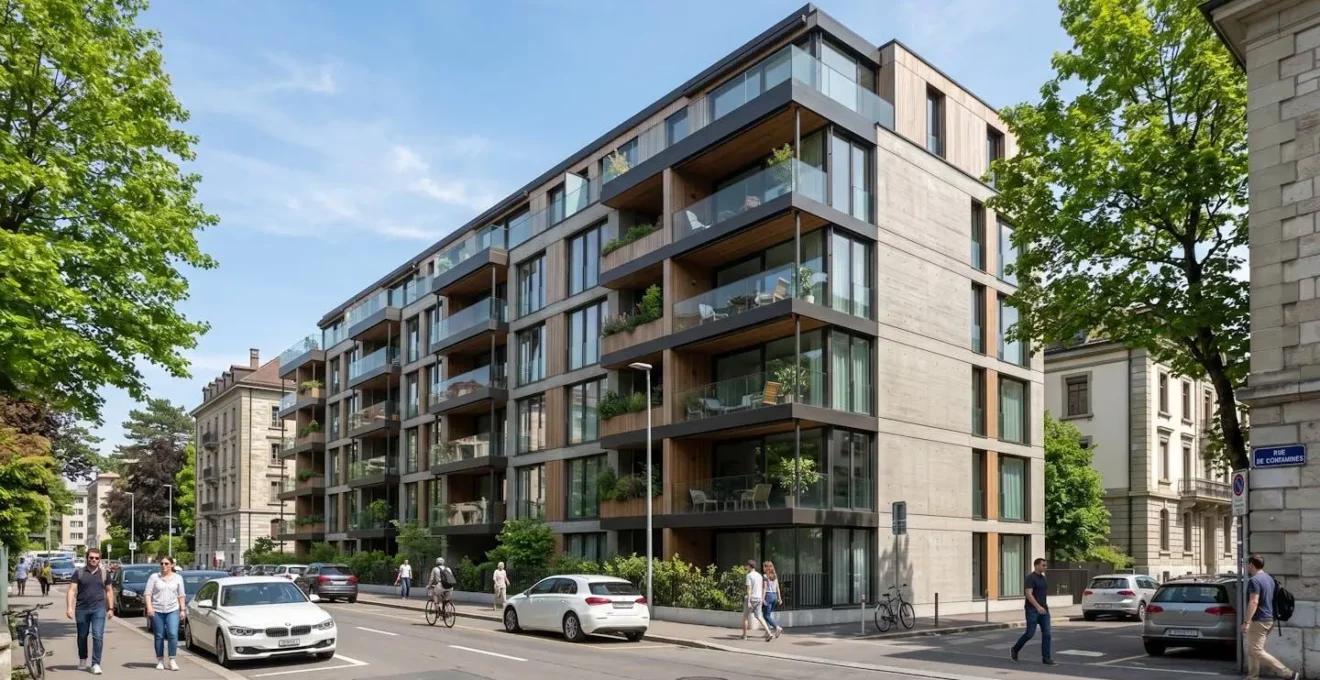 Façade d'un immeuble résidentiel moderne à Genève avec grandes baies vitrées et balcons, typique de l'architecture contemporaine suisse des années 2020
