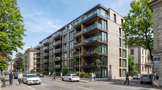 Façade d'un immeuble résidentiel moderne à Genève avec grandes baies vitrées et balcons, typique de l'architecture contemporaine suisse des années 2020