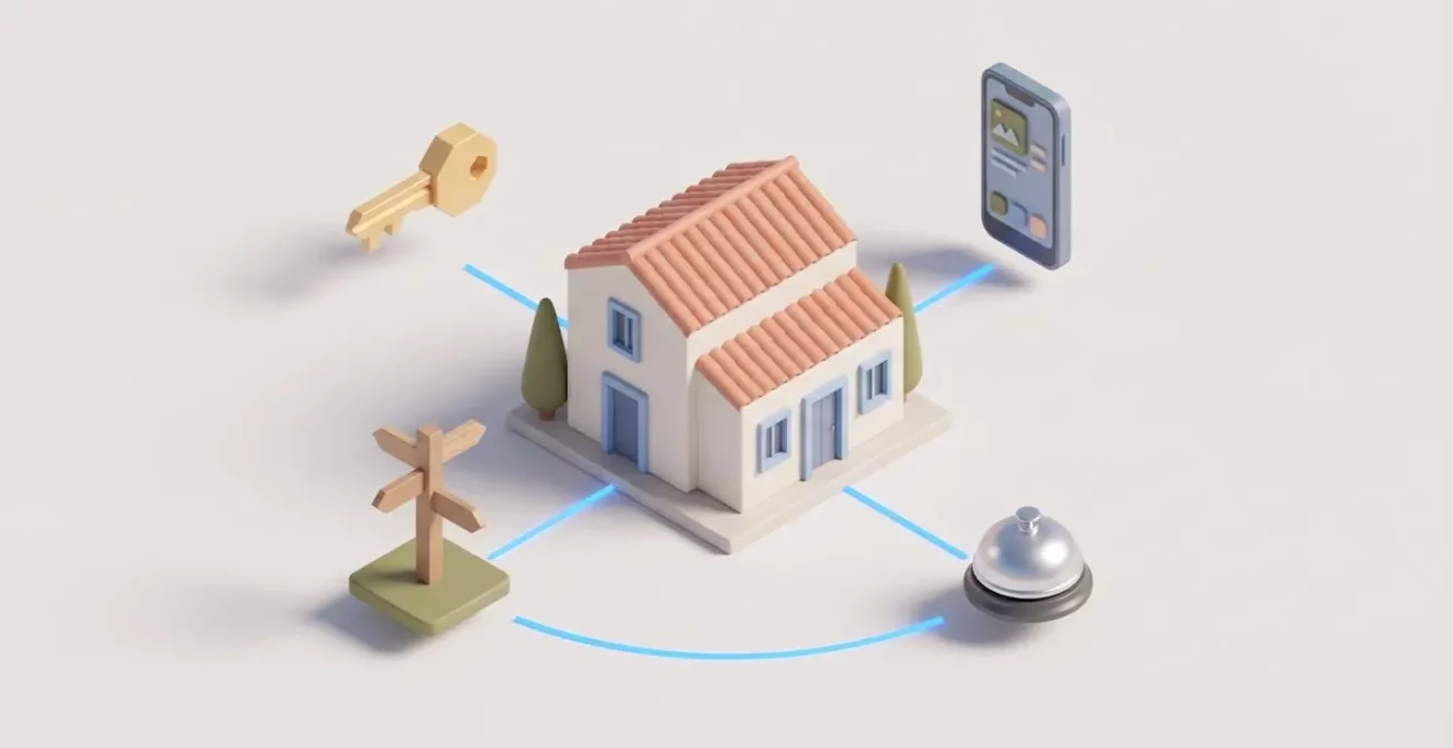 Illustration isométrique 3D d'une villa méditerranéenne entourée d'icônes de services de conciergerie (clé, téléphone, panneau, cloche) reliées par des lignes lumineuses
