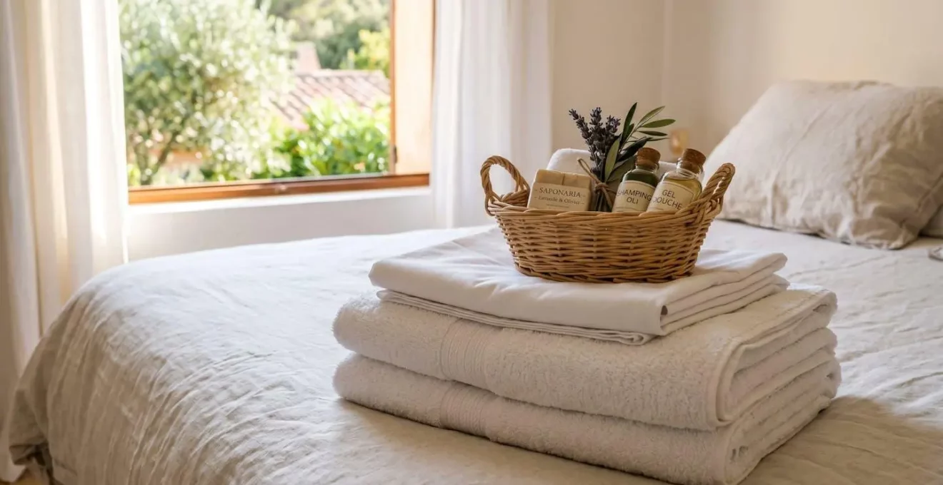 Pile de linge de maison blanc épais posée sur lit avec panier osier contenant produits d'accueil, fenêtre avec feuillage vert en arrière-plan