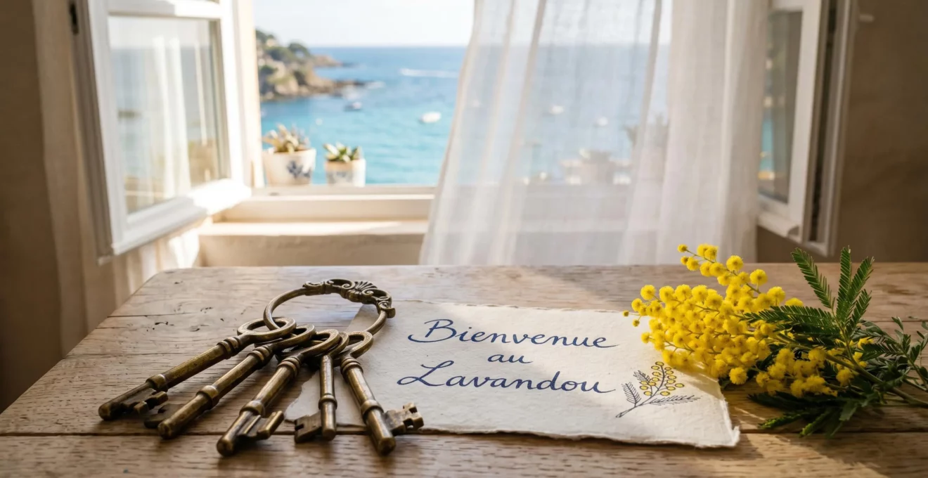 Trousseau de clés en laiton posé sur table en bois clair avec carte manuscrite 'Bienvenue au Lavandou' et brin de mimosa, fenêtre ouverte sur mer Méditerranée en arrière-plan