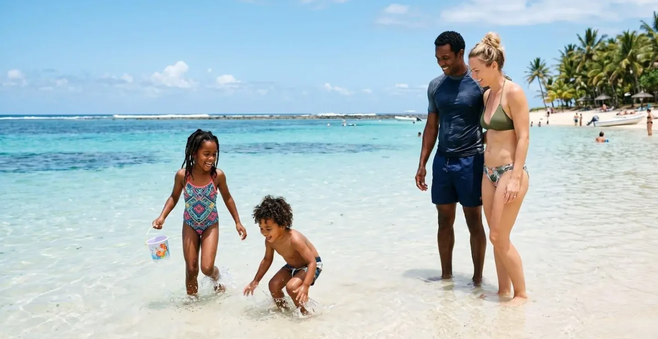 Famille avec jeunes enfants se baignant dans les eaux calmes et peu profondes du lagon de l'Ermitage, récif corallien protecteur visible en arrière-plan