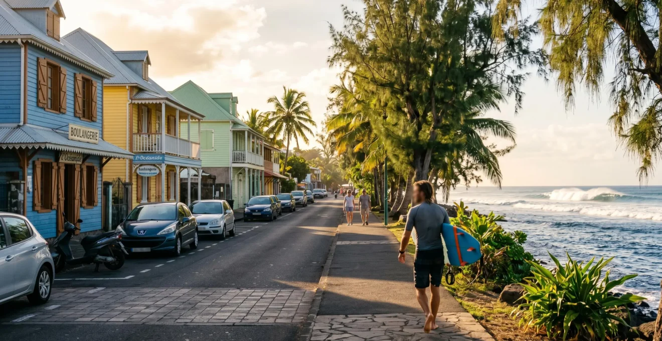 Front de mer de Saint-Leu avec ses cases créoles colorées, surfeur revenant de session et océan Indien en arrière-plan sous lumière dorée de fin de journée