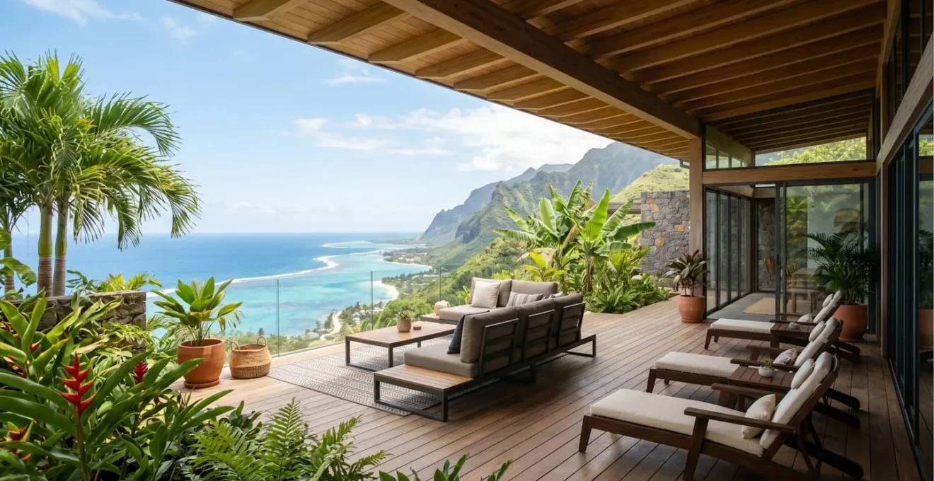 Terrasse couverte de villa contemporaine dans les hauteurs de Trois Bassins offrant une vue panoramique sur le lagon turquoise et la côte ouest réunionnaise