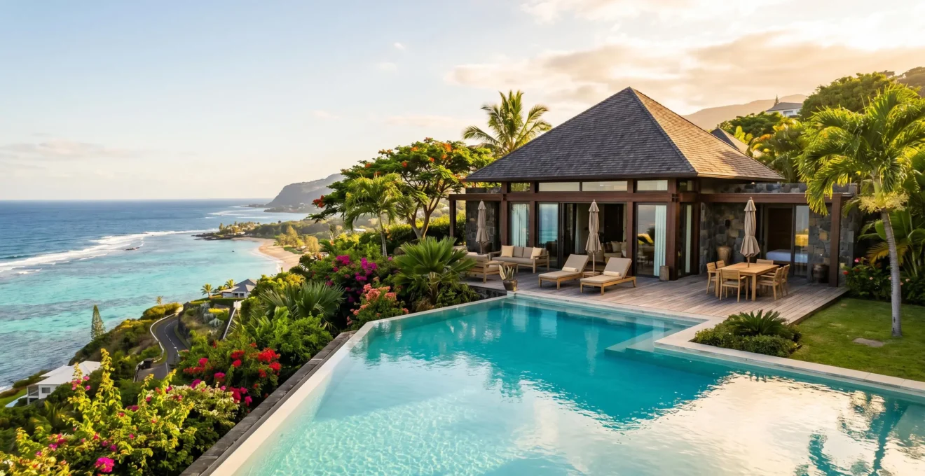 Villa de vacances haut de gamme avec piscine à débordement donnant sur le lagon turquoise de l'ouest réunionnais, entourée de végétation tropicale luxuriante sous lumière dorée