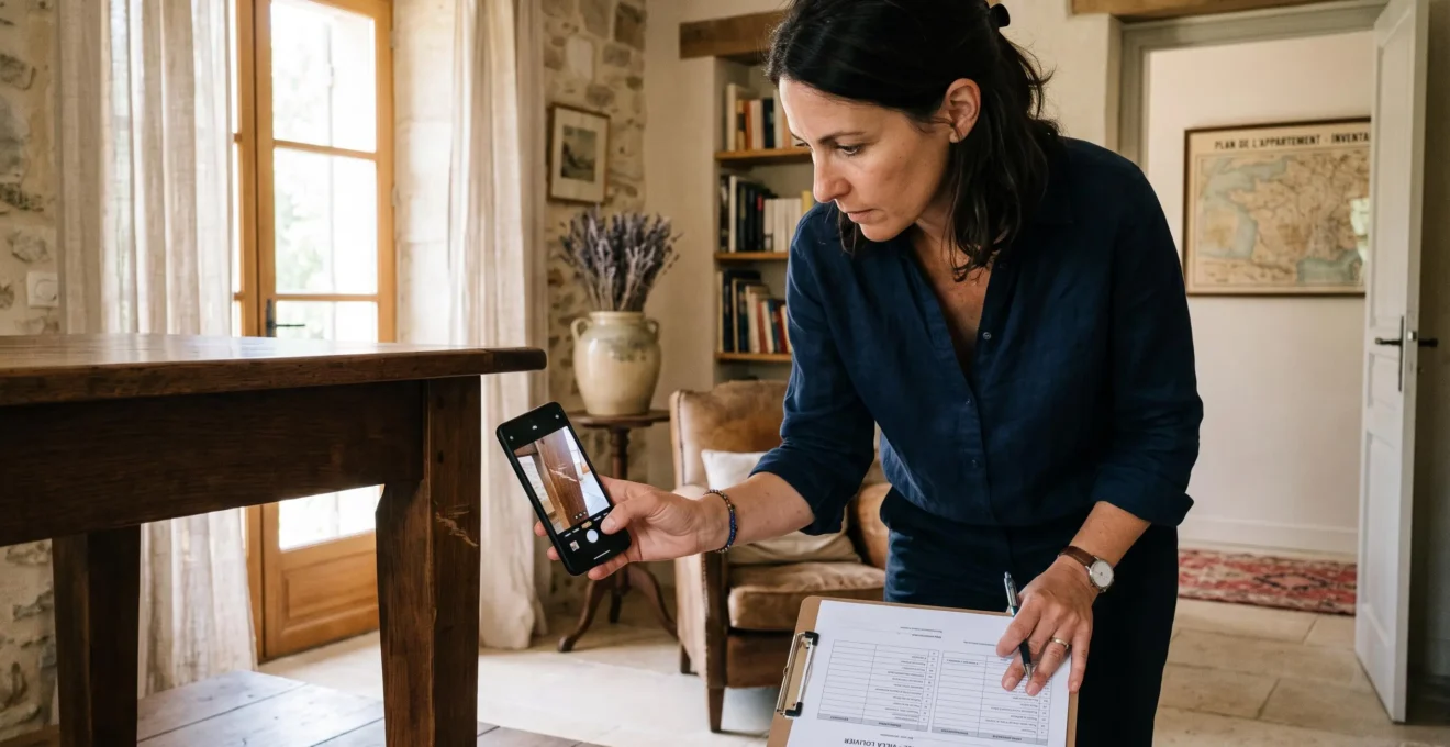 Person photographing a property detail with smartphone during a vacation rental inventory inspection