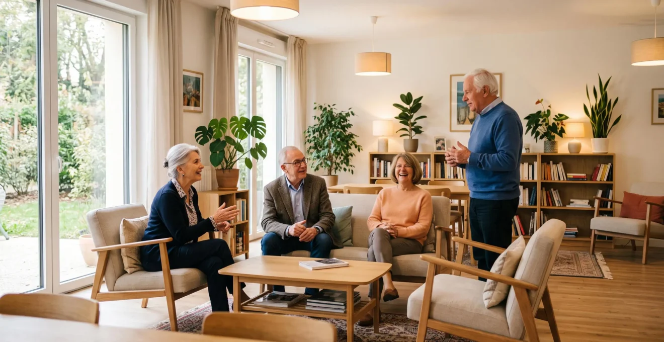 Espace de vie commun lumineux dans une résidence seniors moderne où des résidents autonomes interagissent naturellement dans un cadre contemporain et chaleureux.