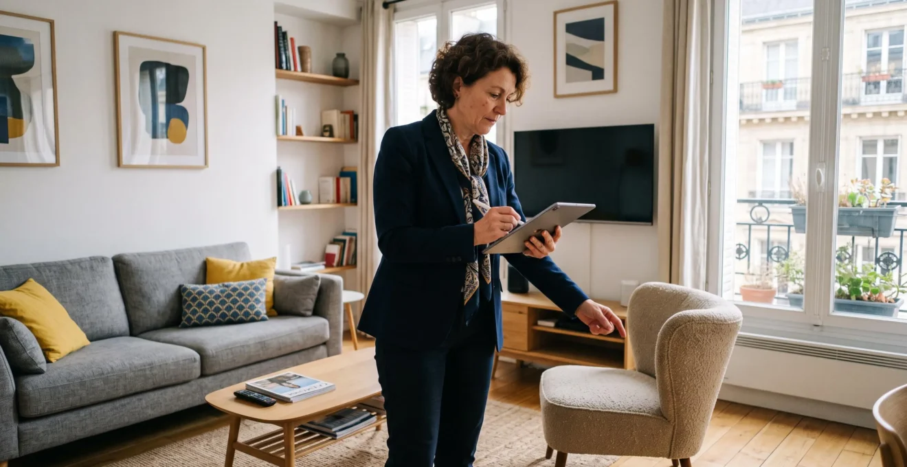 Property manager conducting an inventory inspection inside a furnished vacation rental apartment in France