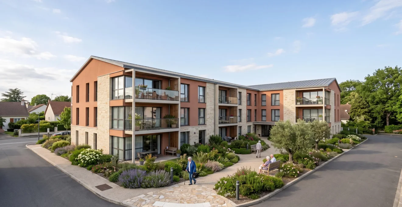 Bâtiment moderne de résidence seniors intégré dans un environnement résidentiel français avec espaces verts aménagés.