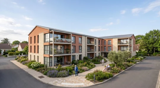 Bâtiment moderne de résidence seniors intégré dans un environnement résidentiel français avec espaces verts aménagés.