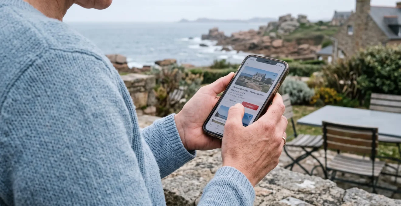 Mains d'une femme consultant une annonce de location saisonnière sur smartphone depuis la terrasse d'une maison bretonne.