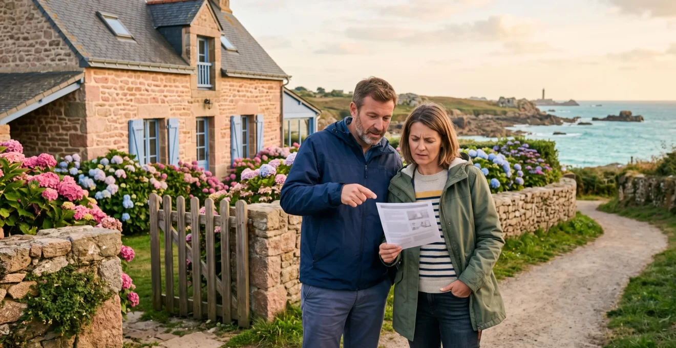 Un couple compare une annonce de location imprimée devant une maison de vacances au bord de la côte de Granit Rose à Perros-Guirec.