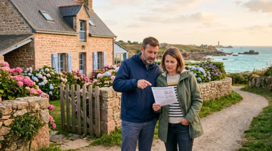 Un couple compare une annonce de location imprimée devant une maison de vacances au bord de la côte de Granit Rose à Perros-Guirec.