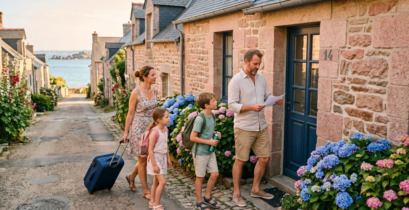 Famille avec valises arrivant à l'entrée d'une maison de location saisonnière en pierre à Perros-Guirec.