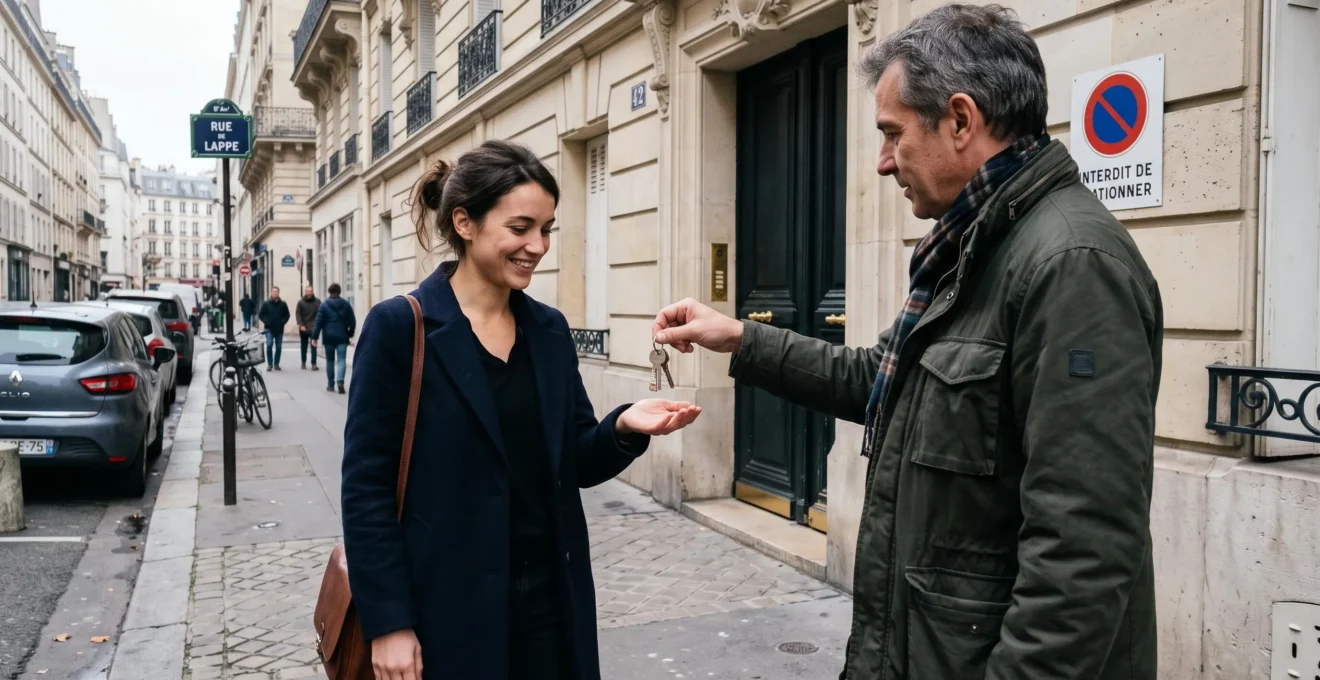 Une jeune femme reçoit les clés d'un appartement d'un propriétaire devant l'entrée d'un immeuble résidentiel français.