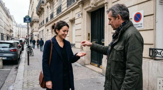 Une jeune femme reçoit les clés d'un appartement d'un propriétaire devant l'entrée d'un immeuble résidentiel français.