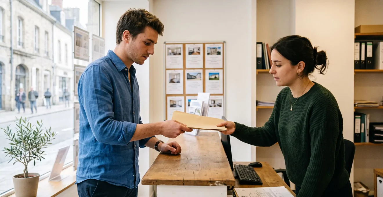 Un jeune homme remet un dossier de candidature à une employée d'agence immobilière au comptoir.