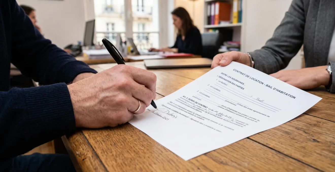 Des mains signant un contrat de location avec un stylo sur une table en bois d'une agence immobilière.