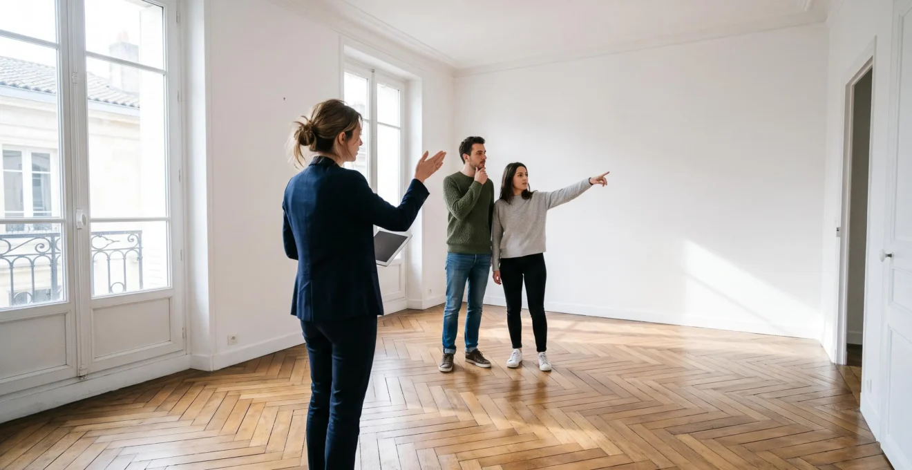 Un agent immobilier fait visiter un appartement vide et lumineux avec parquet à un jeune couple.